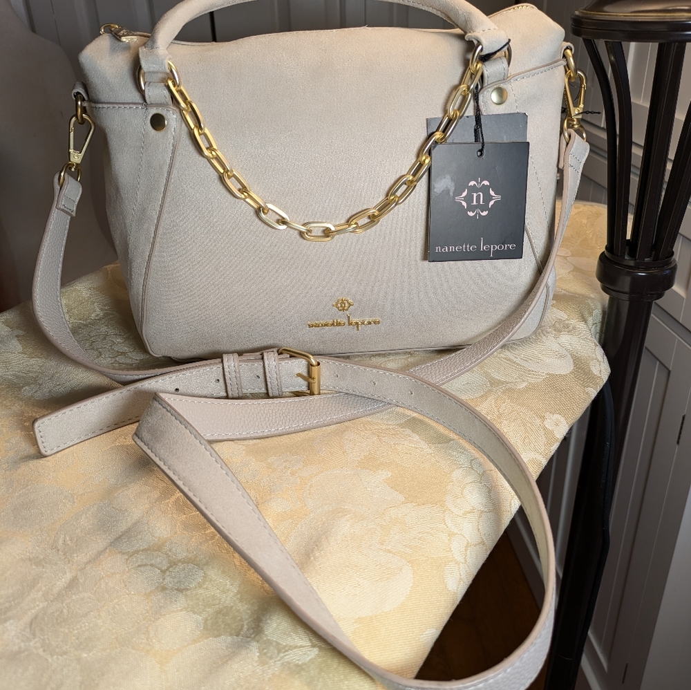NWT Nanette Lepore Faux Suede Leather Pearl Satchel Crossbody